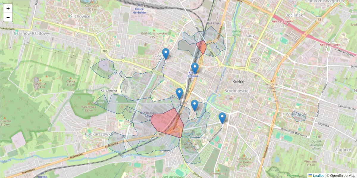Szczegółowa mapa kodu pocztowego 25-709 z granicami, sąsiednimi kodami pocztowymi i urzędami pocztowymi