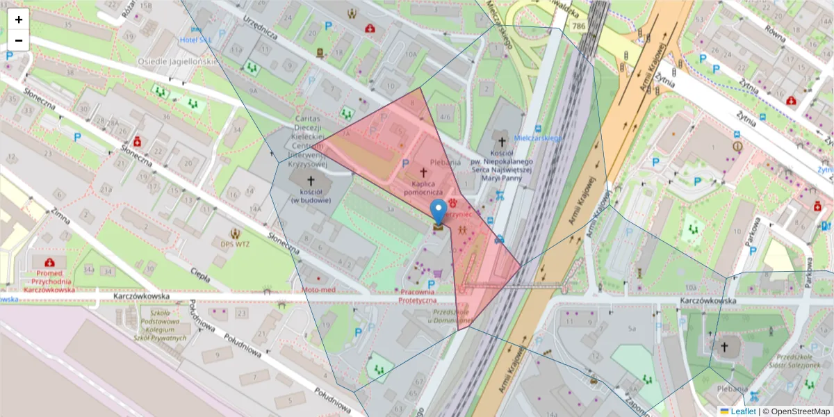 Szczegółowa mapa kodu pocztowego 25-711 z granicami, sąsiednimi kodami pocztowymi i urzędami pocztowymi
