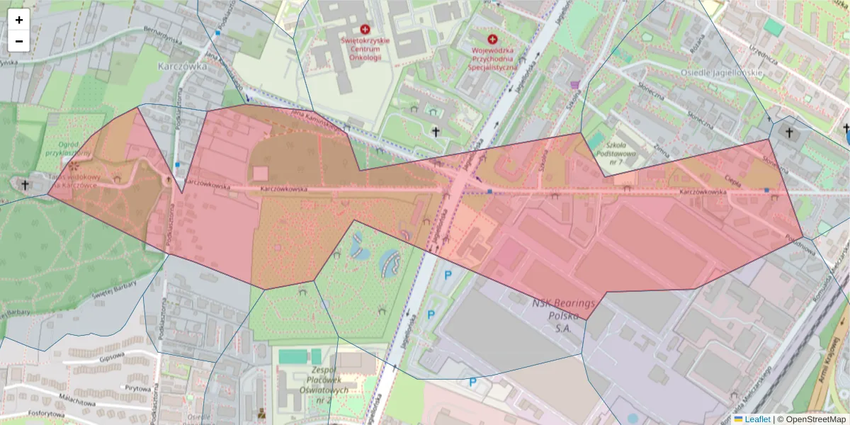 Szczegółowa mapa kodu pocztowego 25-713 z granicami, sąsiednimi kodami pocztowymi i urzędami pocztowymi
