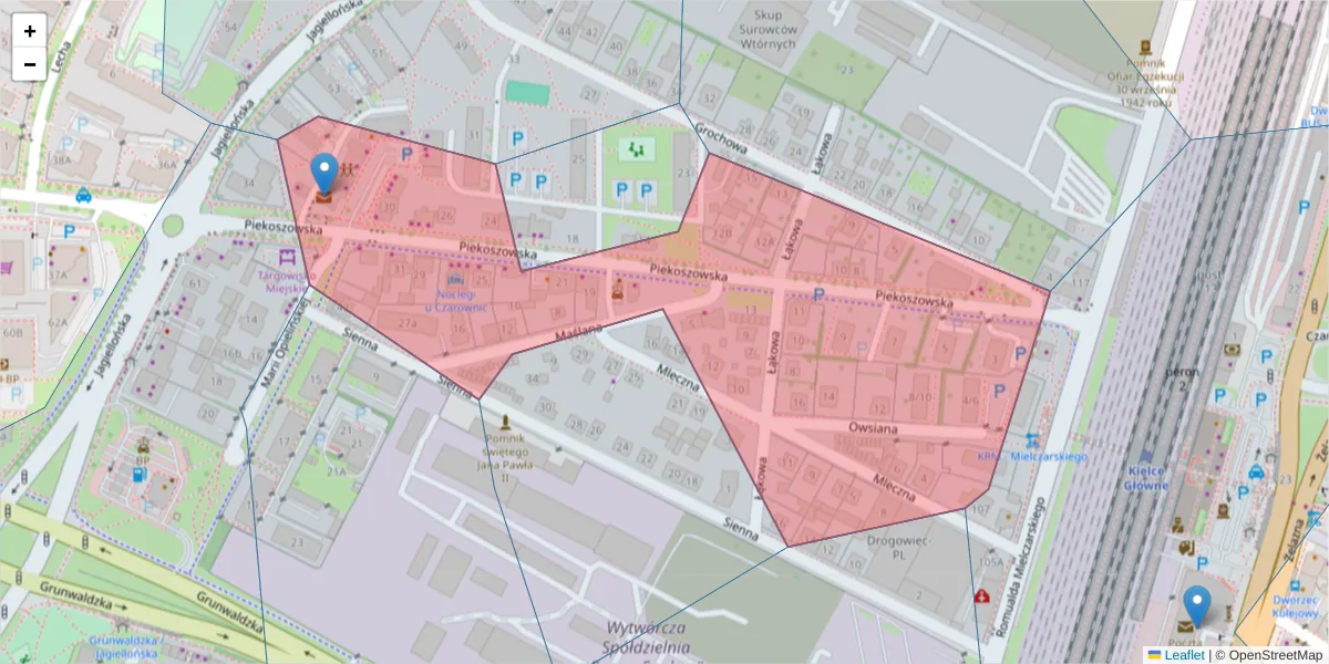 Szczegółowa mapa kodu pocztowego 25-723 z granicami, sąsiednimi kodami pocztowymi i urzędami pocztowymi