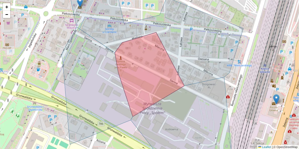 Szczegółowa mapa kodu pocztowego 25-724 z granicami, sąsiednimi kodami pocztowymi i urzędami pocztowymi
