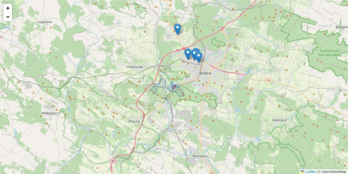Szczegółowa mapa kodu pocztowego 25-804 z granicami, sąsiednimi kodami pocztowymi i urzędami pocztowymi