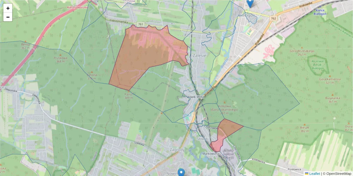 Szczegółowa mapa kodu pocztowego 25-827 z granicami, sąsiednimi kodami pocztowymi i urzędami pocztowymi