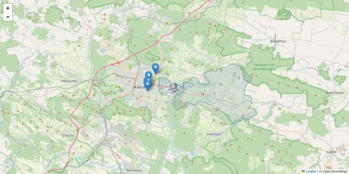 Szczegółowa mapa kodu pocztowego 25-900 z granicami, sąsiednimi kodami pocztowymi i urzędami pocztowymi