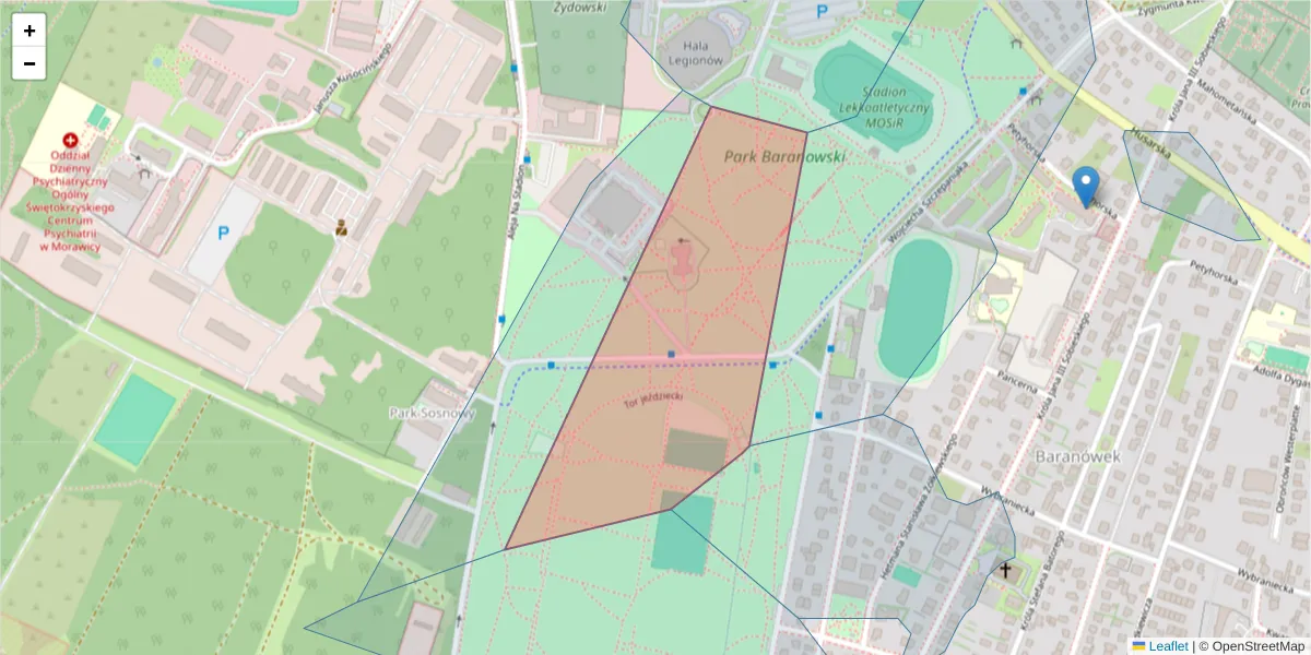 Szczegółowa mapa kodu pocztowego 25-960 z granicami, sąsiednimi kodami pocztowymi i urzędami pocztowymi