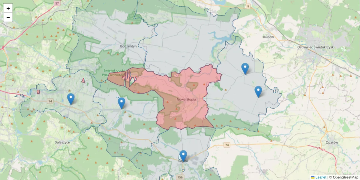 Szczegółowa mapa kodu pocztowego 26-006 z granicami, sąsiednimi kodami pocztowymi i urzędami pocztowymi