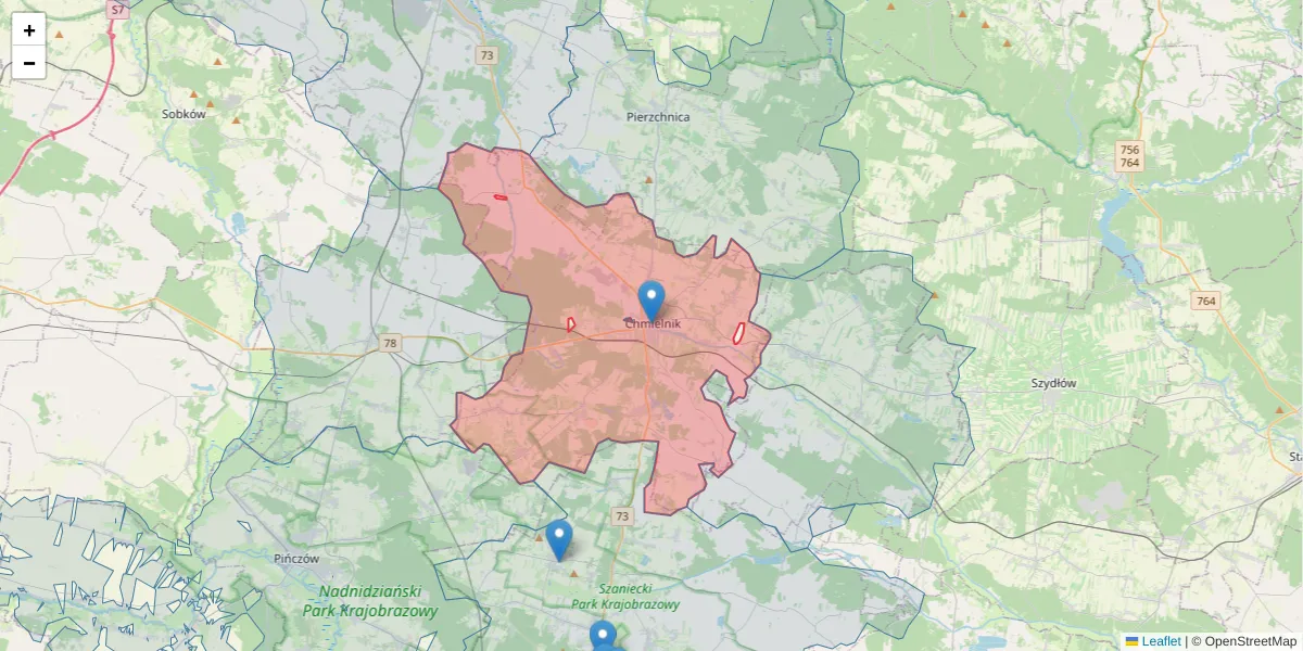 Szczegółowa mapa kodu pocztowego 26-020 z granicami, sąsiednimi kodami pocztowymi i urzędami pocztowymi