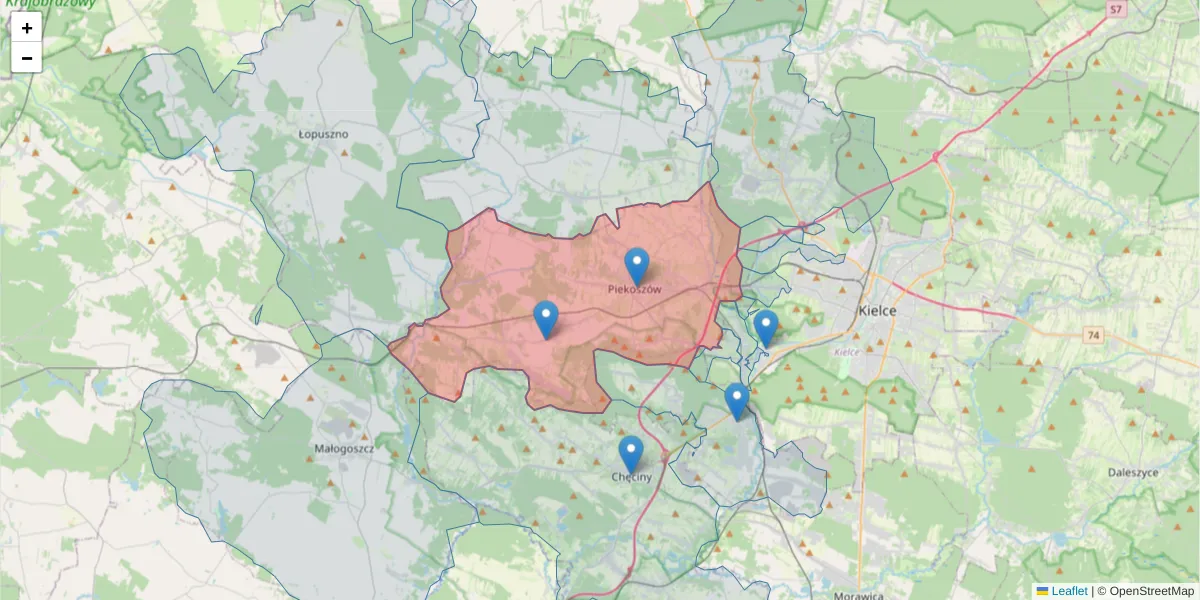 Szczegółowa mapa kodu pocztowego 26-065 z granicami, sąsiednimi kodami pocztowymi i urzędami pocztowymi