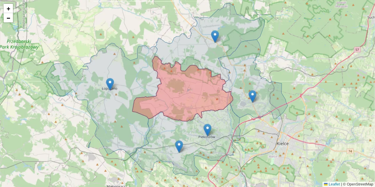 Szczegółowa mapa kodu pocztowego 26-067 z granicami, sąsiednimi kodami pocztowymi i urzędami pocztowymi