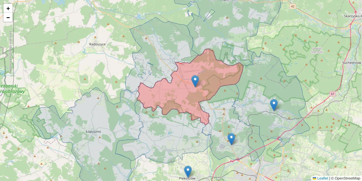 Szczegółowa mapa kodu pocztowego 26-080 z granicami, sąsiednimi kodami pocztowymi i urzędami pocztowymi