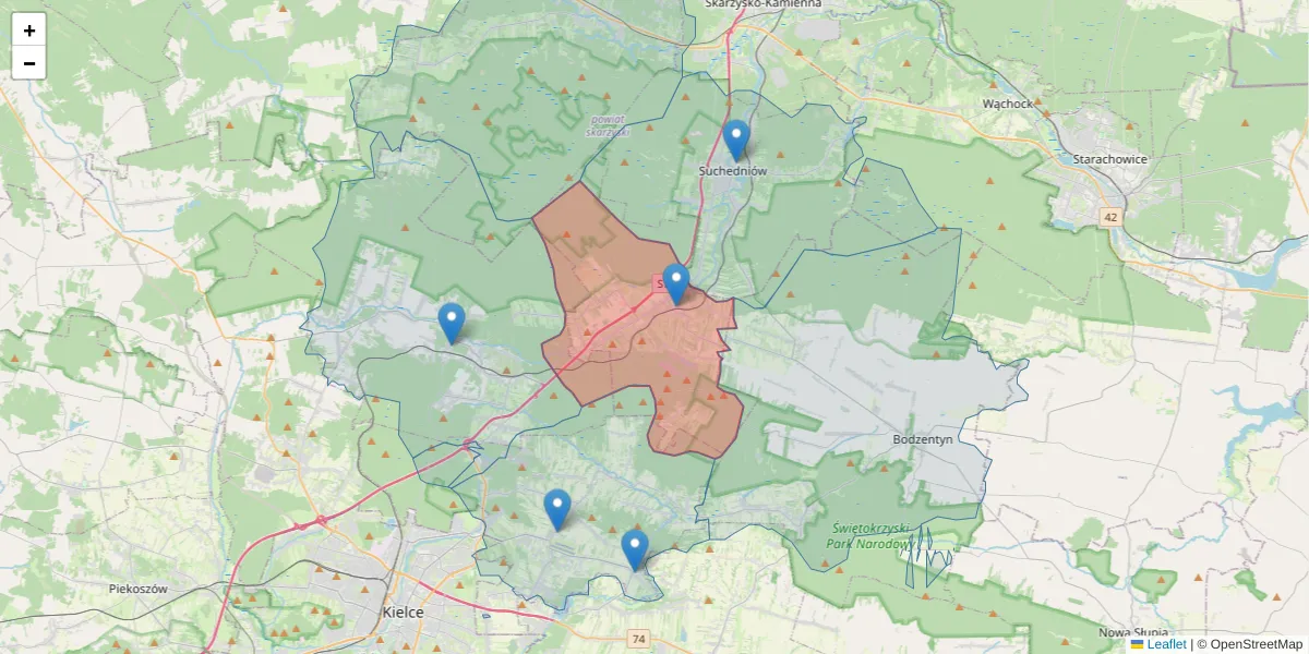 Szczegółowa mapa kodu pocztowego 26-140 z granicami, sąsiednimi kodami pocztowymi i urzędami pocztowymi