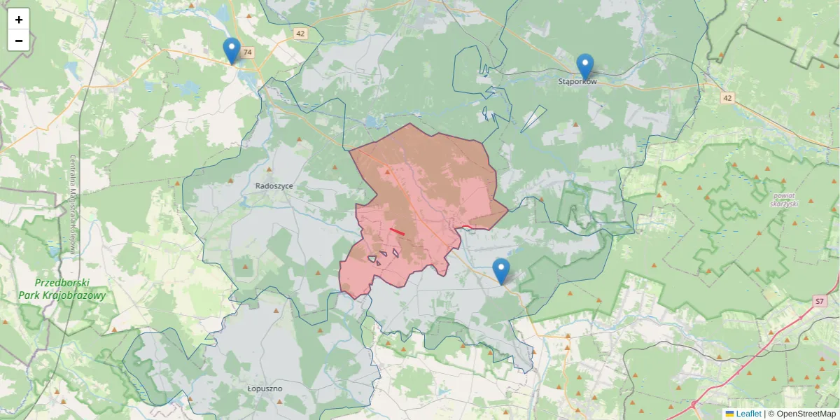 Szczegółowa mapa kodu pocztowego 26-212 z granicami, sąsiednimi kodami pocztowymi i urzędami pocztowymi
