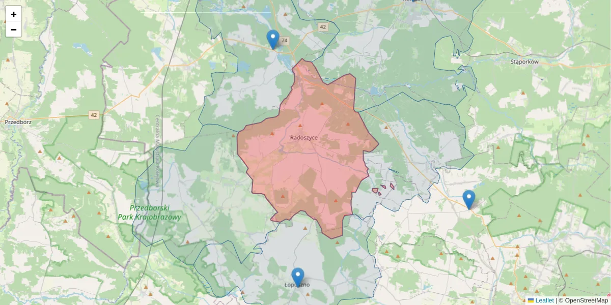 Szczegółowa mapa kodu pocztowego 26-230 z granicami, sąsiednimi kodami pocztowymi i urzędami pocztowymi