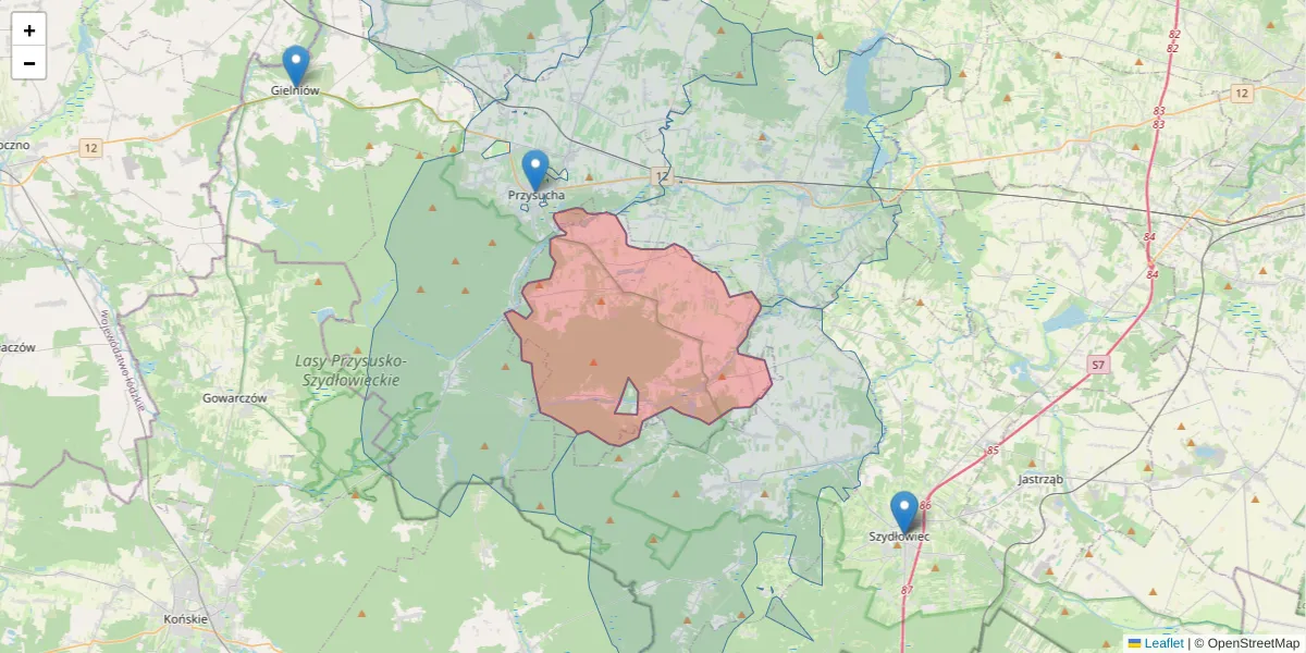 Szczegółowa mapa kodu pocztowego 26-422 z granicami, sąsiednimi kodami pocztowymi i urzędami pocztowymi