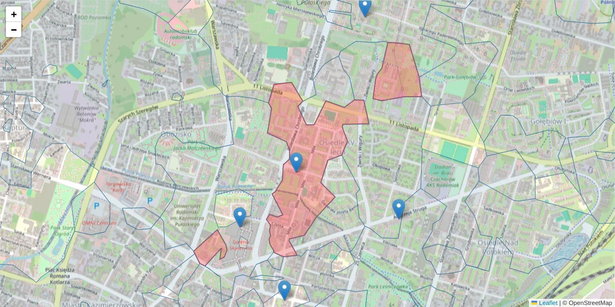 Szczegółowa mapa kodu pocztowego 26-609 z granicami, sąsiednimi kodami pocztowymi i urzędami pocztowymi