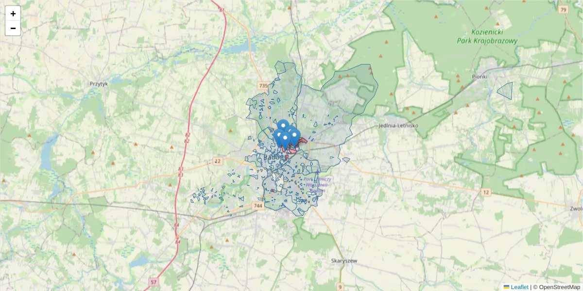 Szczegółowa mapa kodu pocztowego 26-615 z granicami, sąsiednimi kodami pocztowymi i urzędami pocztowymi