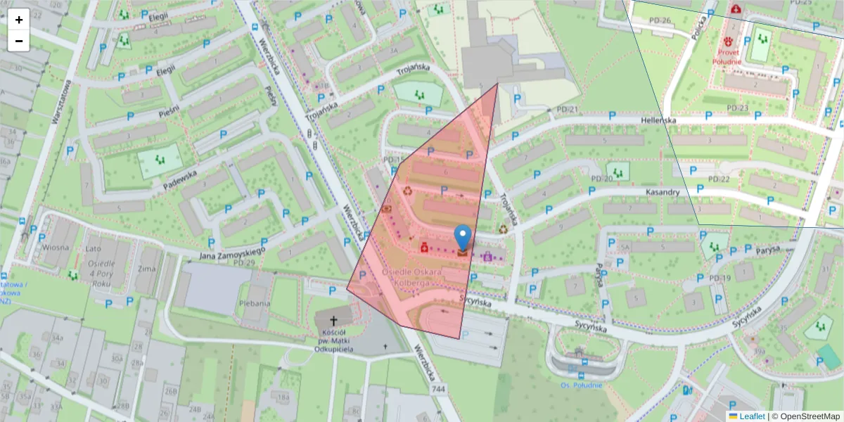 Szczegółowa mapa kodu pocztowego 26-621 z granicami, sąsiednimi kodami pocztowymi i urzędami pocztowymi