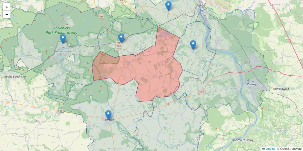 Szczegółowa mapa kodu pocztowego 26-720 z granicami, sąsiednimi kodami pocztowymi i urzędami pocztowymi