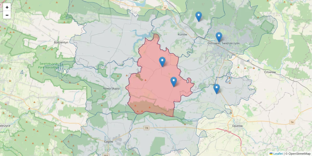 Szczegółowa mapa kodu pocztowego 27-425 z granicami, sąsiednimi kodami pocztowymi i urzędami pocztowymi