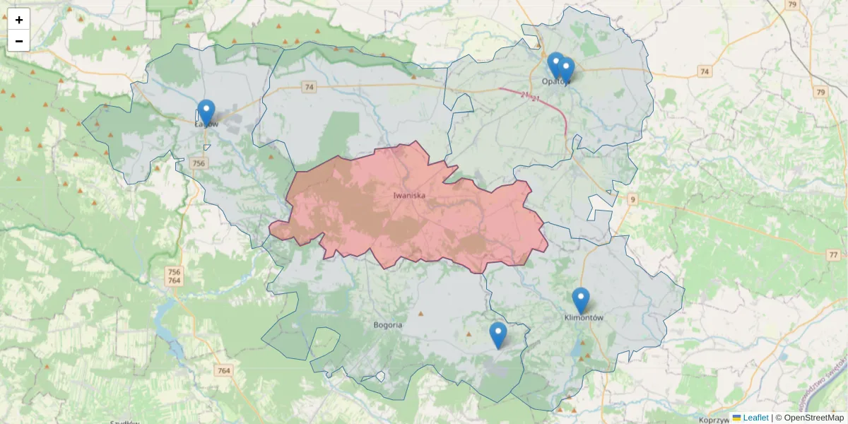 Szczegółowa mapa kodu pocztowego 27-570 z granicami, sąsiednimi kodami pocztowymi i urzędami pocztowymi