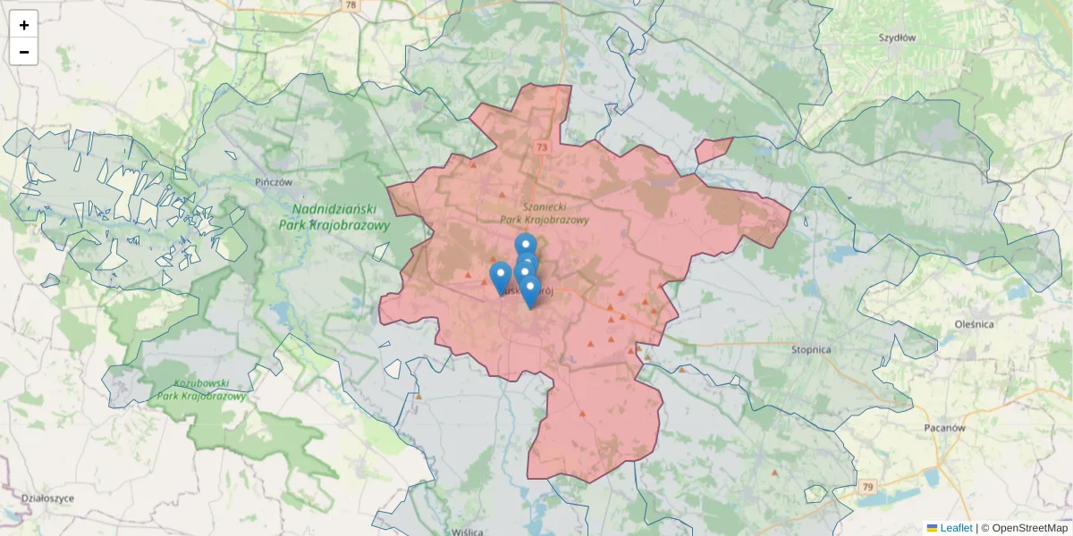 Szczegółowa mapa kodu pocztowego 28-100 z granicami, sąsiednimi kodami pocztowymi i urzędami pocztowymi