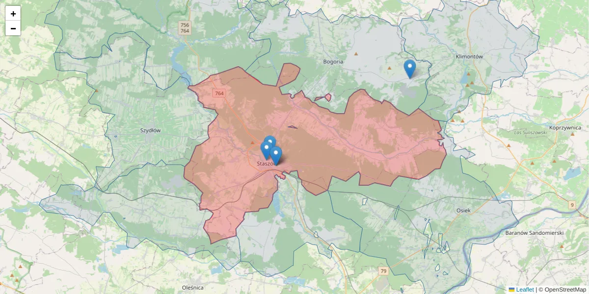 Szczegółowa mapa kodu pocztowego 28-200 z granicami, sąsiednimi kodami pocztowymi i urzędami pocztowymi