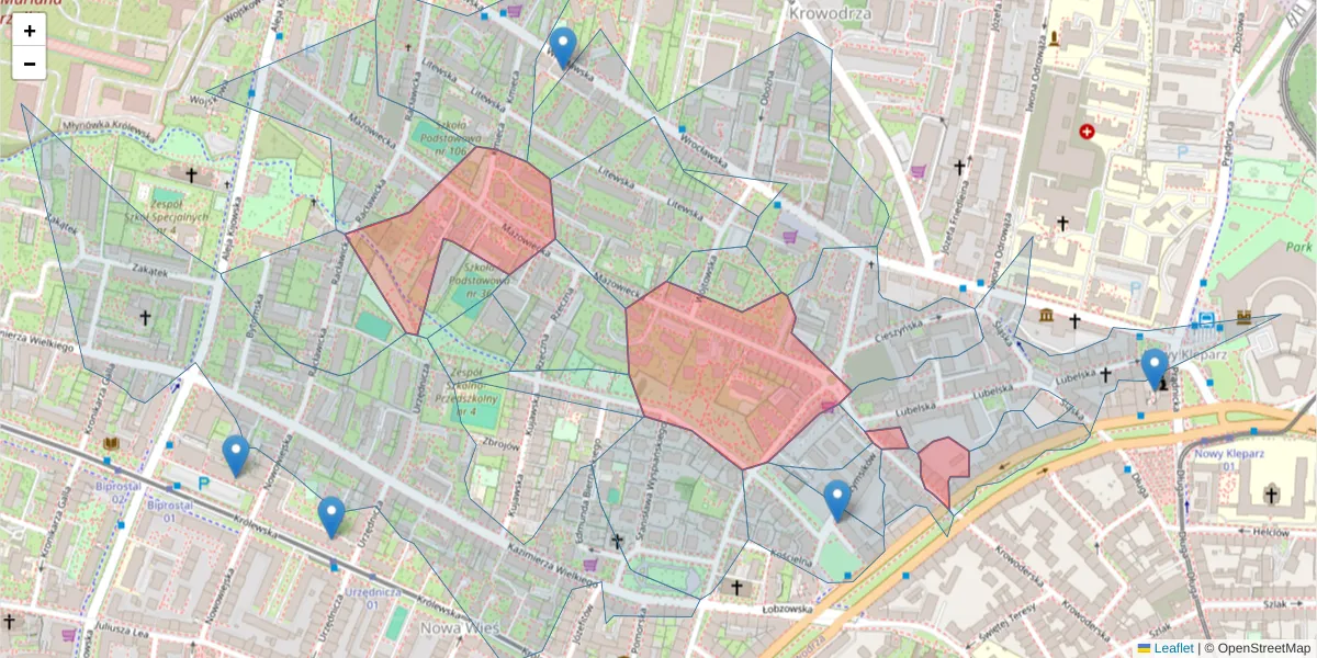 Szczegółowa mapa kodu pocztowego 30-019 z granicami, sąsiednimi kodami pocztowymi i urzędami pocztowymi