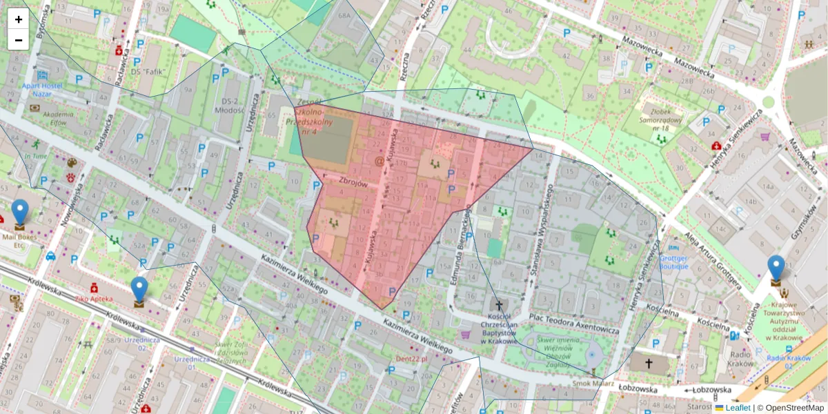 Szczegółowa mapa kodu pocztowego 30-042 z granicami, sąsiednimi kodami pocztowymi i urzędami pocztowymi