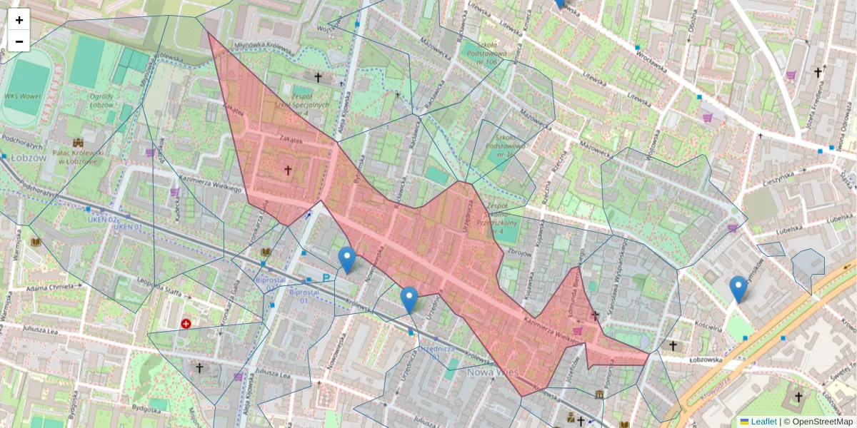 Szczegółowa mapa kodu pocztowego 30-074 z granicami, sąsiednimi kodami pocztowymi i urzędami pocztowymi