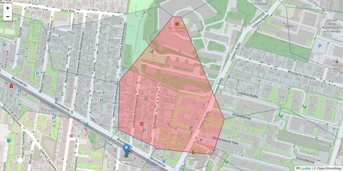 Szczegółowa mapa kodu pocztowego 30-092 z granicami, sąsiednimi kodami pocztowymi i urzędami pocztowymi