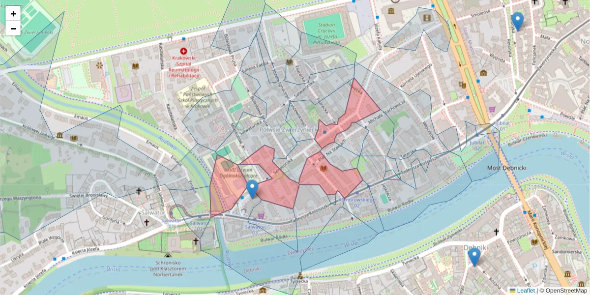 Szczegółowa mapa kodu pocztowego 30-106 z granicami, sąsiednimi kodami pocztowymi i urzędami pocztowymi