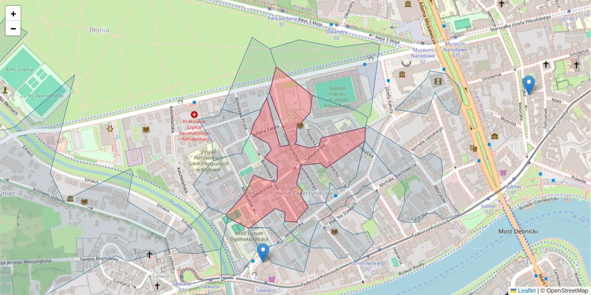 Szczegółowa mapa kodu pocztowego 30-109 z granicami, sąsiednimi kodami pocztowymi i urzędami pocztowymi