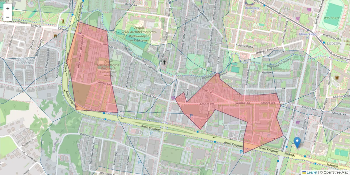 Szczegółowa mapa kodu pocztowego 30-133 z granicami, sąsiednimi kodami pocztowymi i urzędami pocztowymi