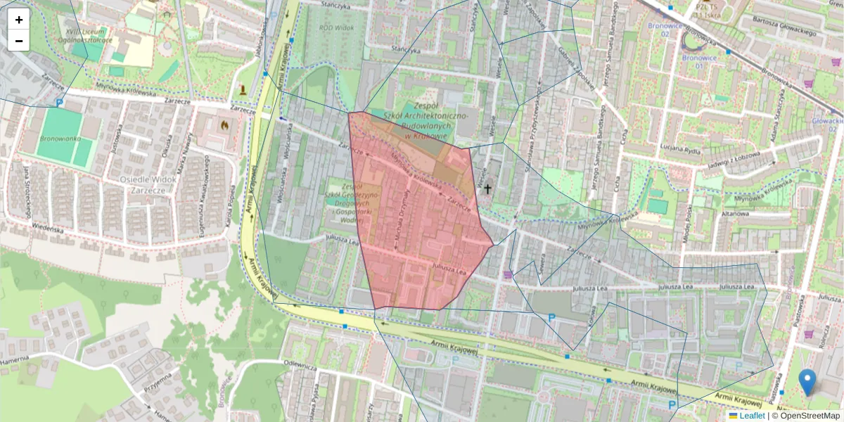 Szczegółowa mapa kodu pocztowego 30-136 z granicami, sąsiednimi kodami pocztowymi i urzędami pocztowymi