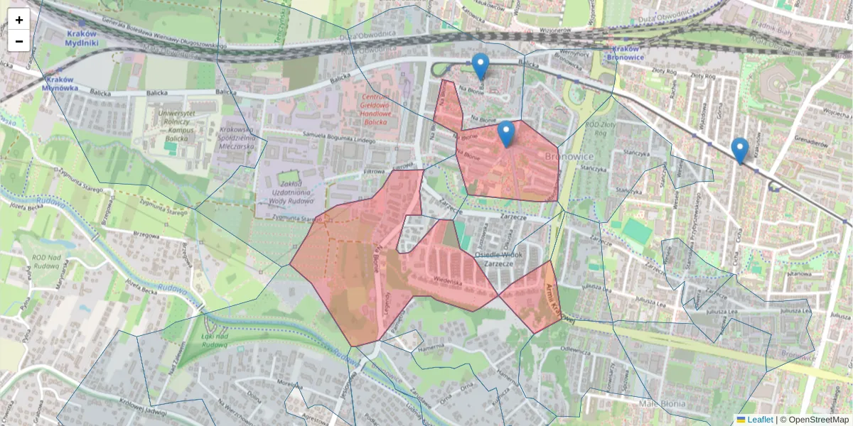 Szczegółowa mapa kodu pocztowego 30-147 z granicami, sąsiednimi kodami pocztowymi i urzędami pocztowymi