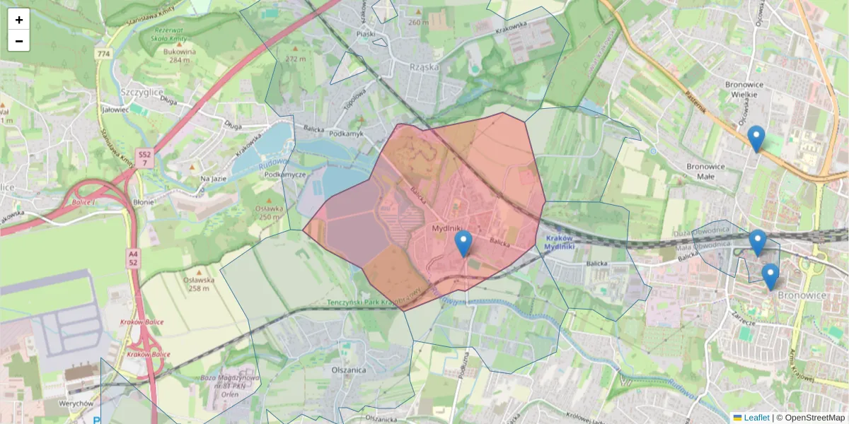 Szczegółowa mapa kodu pocztowego 30-198 z granicami, sąsiednimi kodami pocztowymi i urzędami pocztowymi
