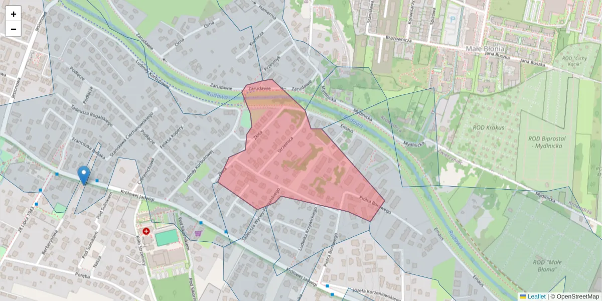 Szczegółowa mapa kodu pocztowego 30-215 z granicami, sąsiednimi kodami pocztowymi i urzędami pocztowymi