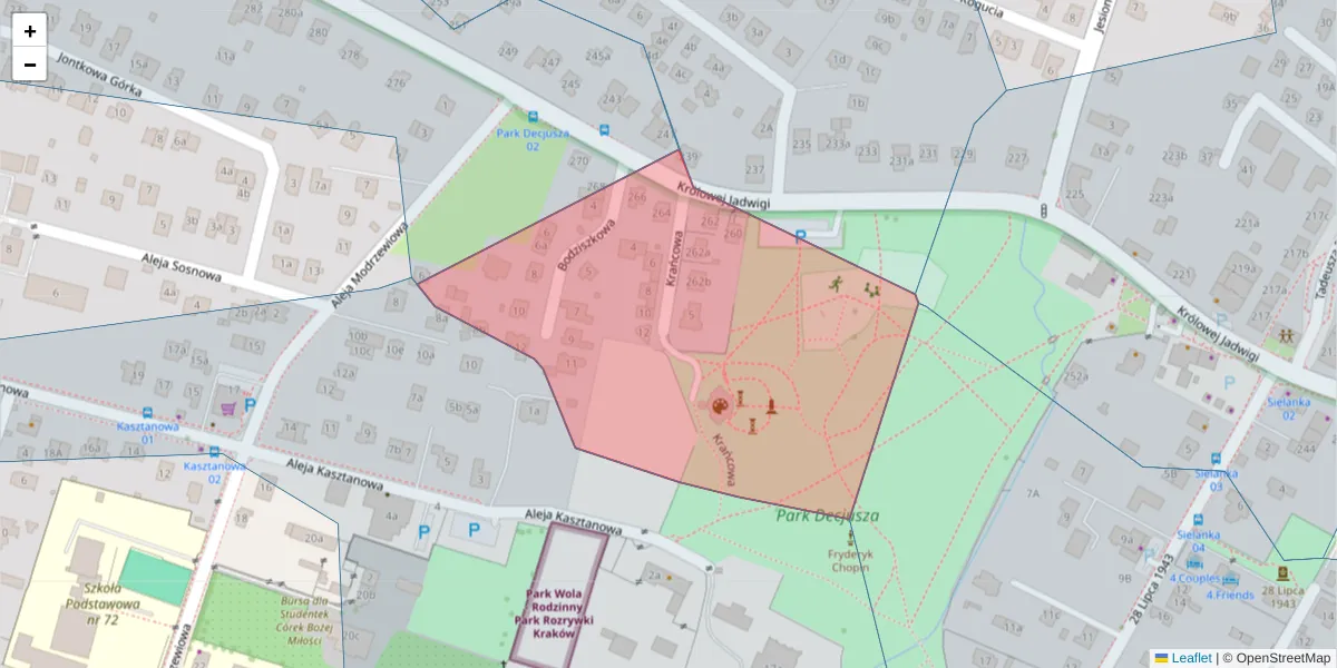 Szczegółowa mapa kodu pocztowego 30-223 z granicami, sąsiednimi kodami pocztowymi i urzędami pocztowymi