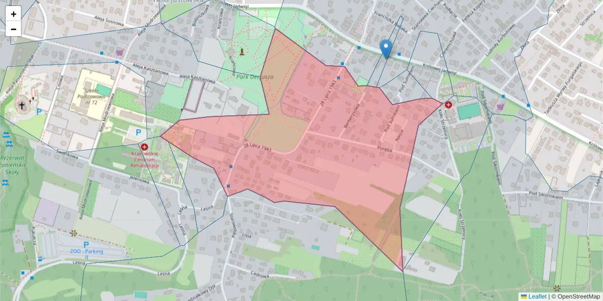 Szczegółowa mapa kodu pocztowego 30-233 z granicami, sąsiednimi kodami pocztowymi i urzędami pocztowymi