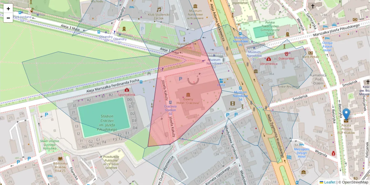 Szczegółowa mapa kodu pocztowego 30-311 z granicami, sąsiednimi kodami pocztowymi i urzędami pocztowymi