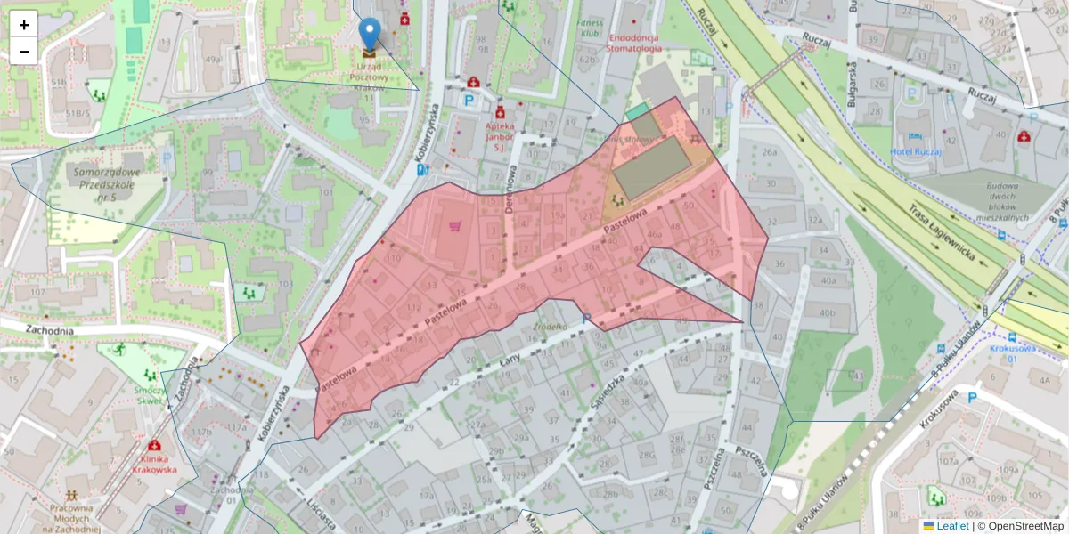 Szczegółowa mapa kodu pocztowego 30-386 z granicami, sąsiednimi kodami pocztowymi i urzędami pocztowymi