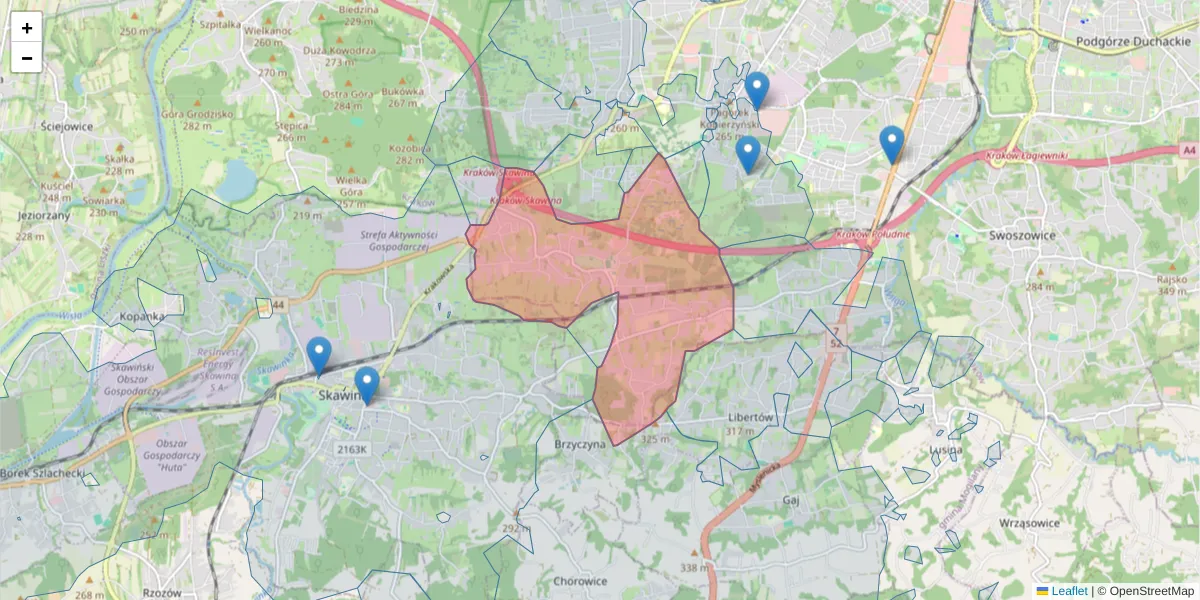 Szczegółowa mapa kodu pocztowego 30-399 z granicami, sąsiednimi kodami pocztowymi i urzędami pocztowymi