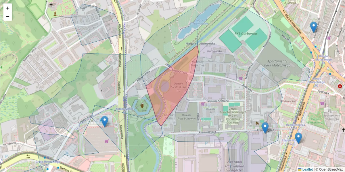 Szczegółowa mapa kodu pocztowego 30-402 z granicami, sąsiednimi kodami pocztowymi i urzędami pocztowymi