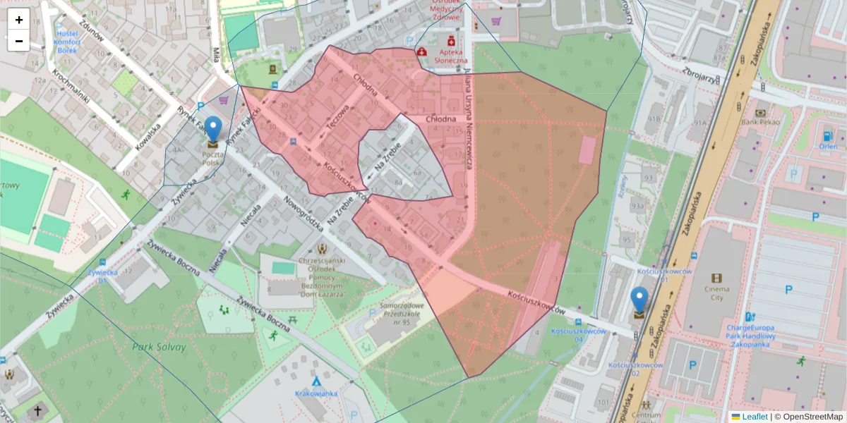 Szczegółowa mapa kodu pocztowego 30-424 z granicami, sąsiednimi kodami pocztowymi i urzędami pocztowymi