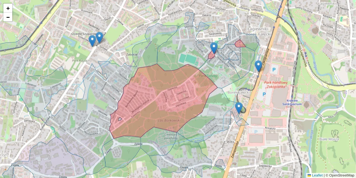 Szczegółowa mapa kodu pocztowego 30-427 z granicami, sąsiednimi kodami pocztowymi i urzędami pocztowymi