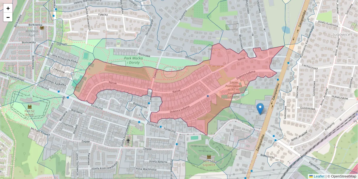 Szczegółowa mapa kodu pocztowego 30-436 z granicami, sąsiednimi kodami pocztowymi i urzędami pocztowymi