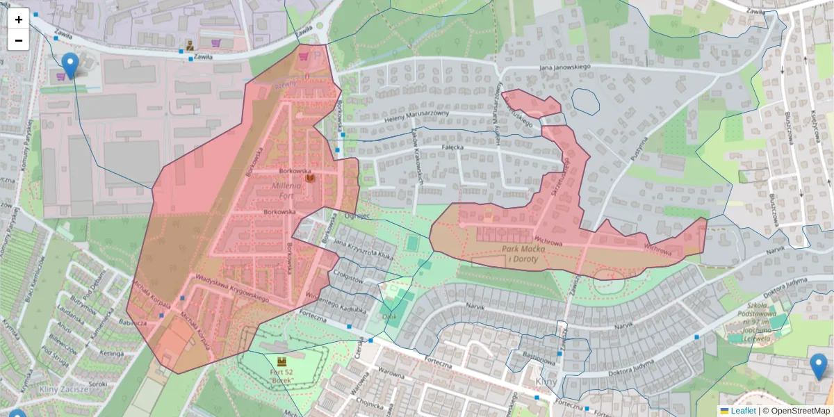 Szczegółowa mapa kodu pocztowego 30-438 z granicami, sąsiednimi kodami pocztowymi i urzędami pocztowymi