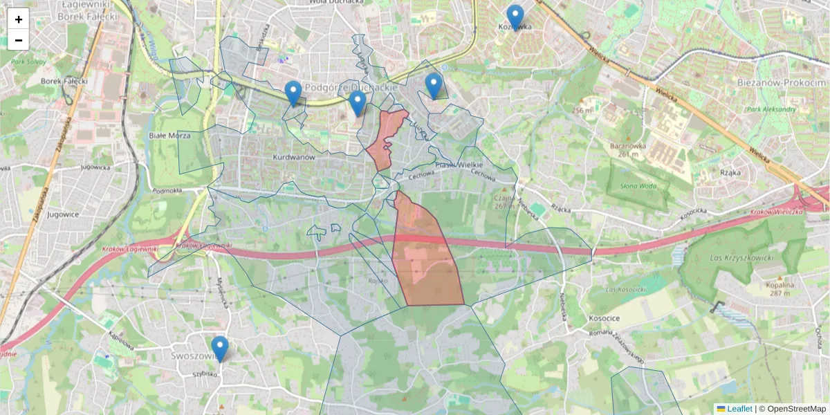 Szczegółowa mapa kodu pocztowego 30-618 z granicami, sąsiednimi kodami pocztowymi i urzędami pocztowymi