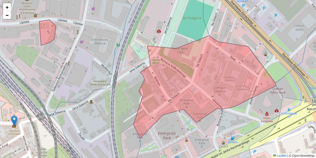 Szczegółowa mapa kodu pocztowego 30-704 z granicami, sąsiednimi kodami pocztowymi i urzędami pocztowymi