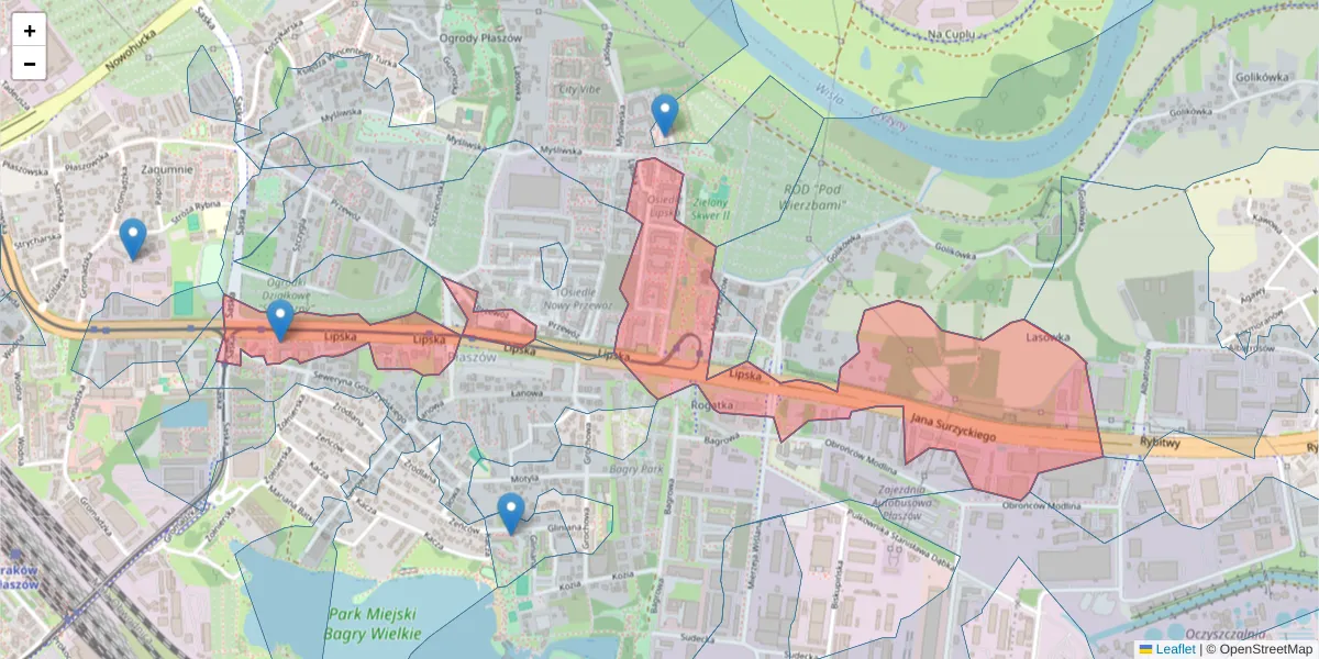 Szczegółowa mapa kodu pocztowego 30-721 z granicami, sąsiednimi kodami pocztowymi i urzędami pocztowymi